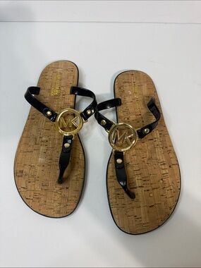 Michael Kors Black Patent Thong Sandals with Gold MK Logo